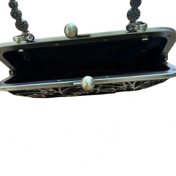 Evening Floral Top Handle Shoulder Handbag Black Gold Chain Vintage Look - Picture 8 of 11